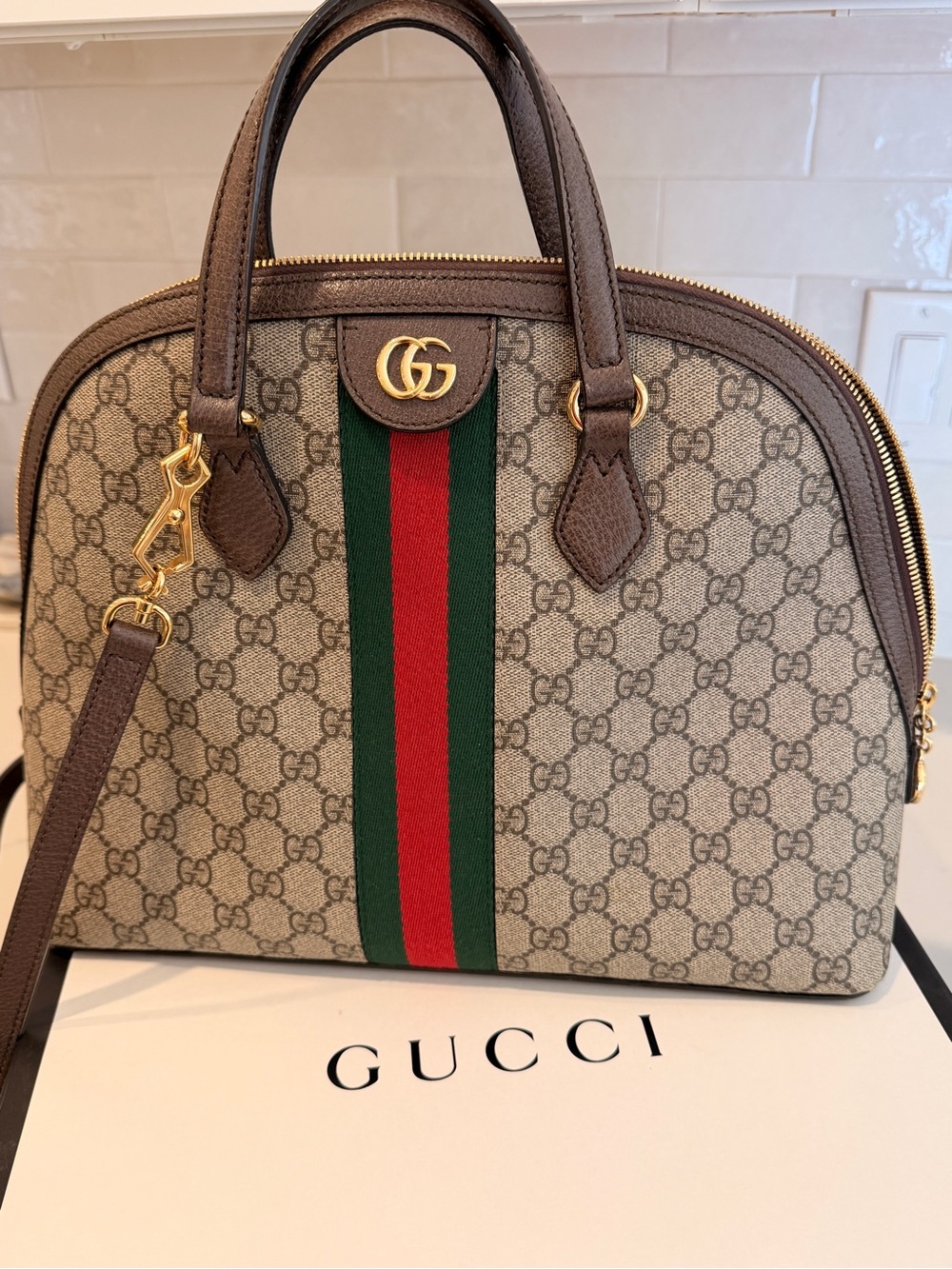 Gucci Brown Ophidia GG Supreme Top Handle Medium Bag